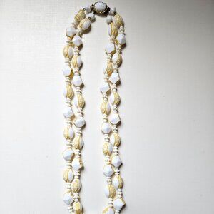 Vintage West Germany 2 Strand Necklace- White Beads with Yellow Gold Design
